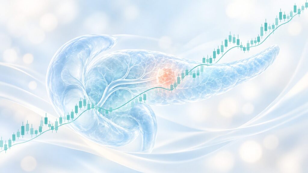 AI-generated conceptual illustration of pancreatic imaging with an abstract rising market motif, not actual price data or clinical results.